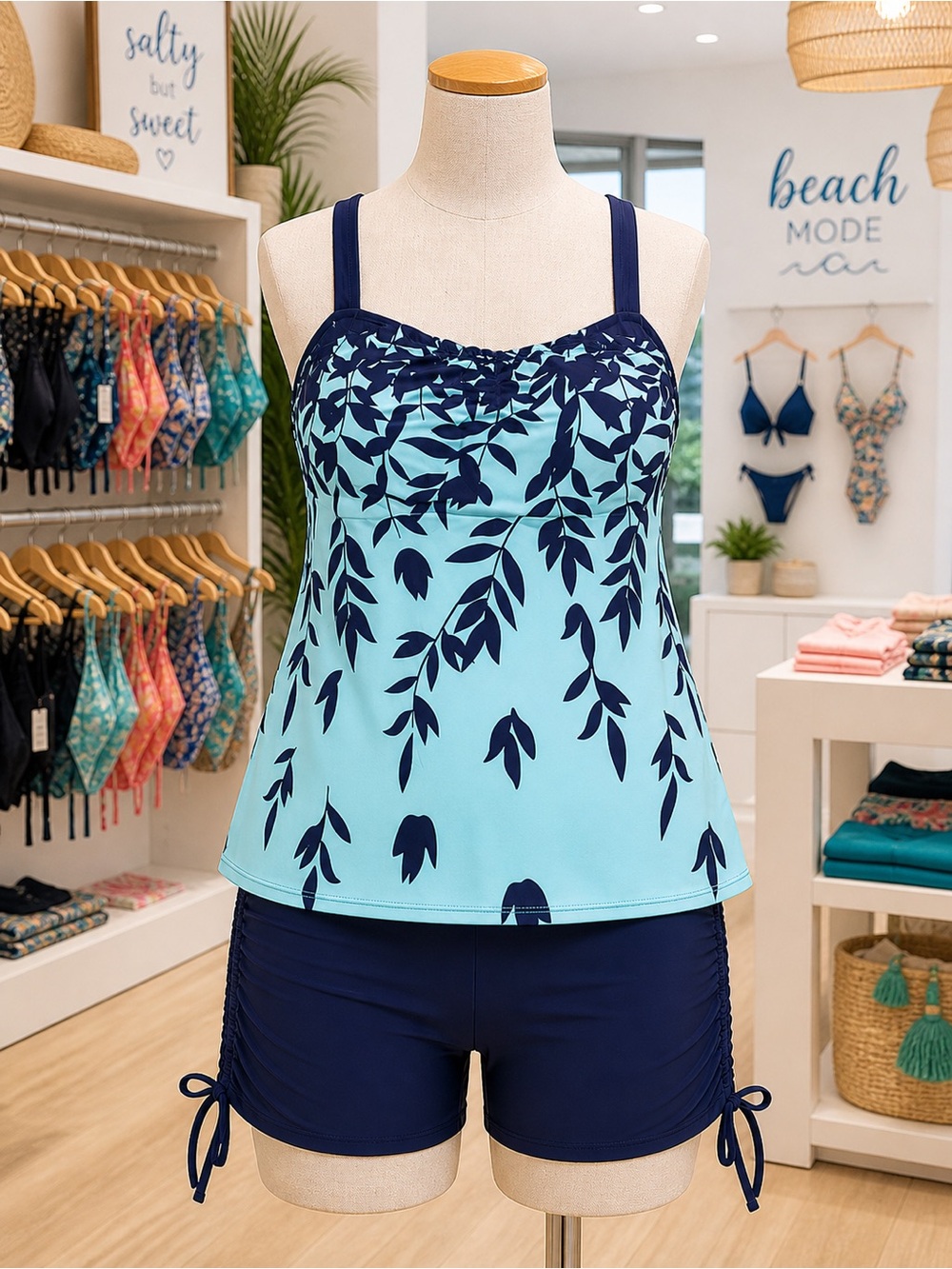 Light Blue & Navy Floral Tankini Set, Size XL, NWOT